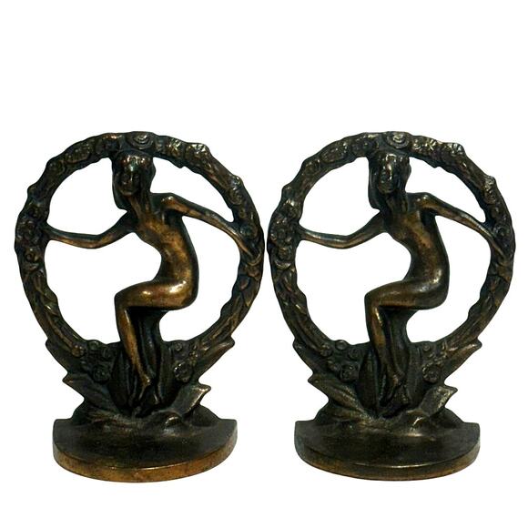 Art Nouveau Other - Antique Art Nouveau Heavy Cast 'Nude in Wreath' Set of Bookends Bronze Finish